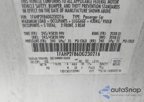 2013 Ford Taurus Limited z USA, uszkodzony, nr VIN 1FAHP2F86DG230216